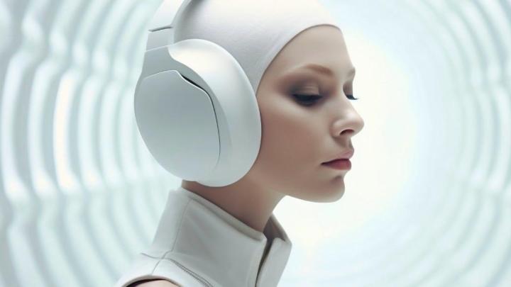 Imagen de mujer vestida de blanco y aspecto futurista